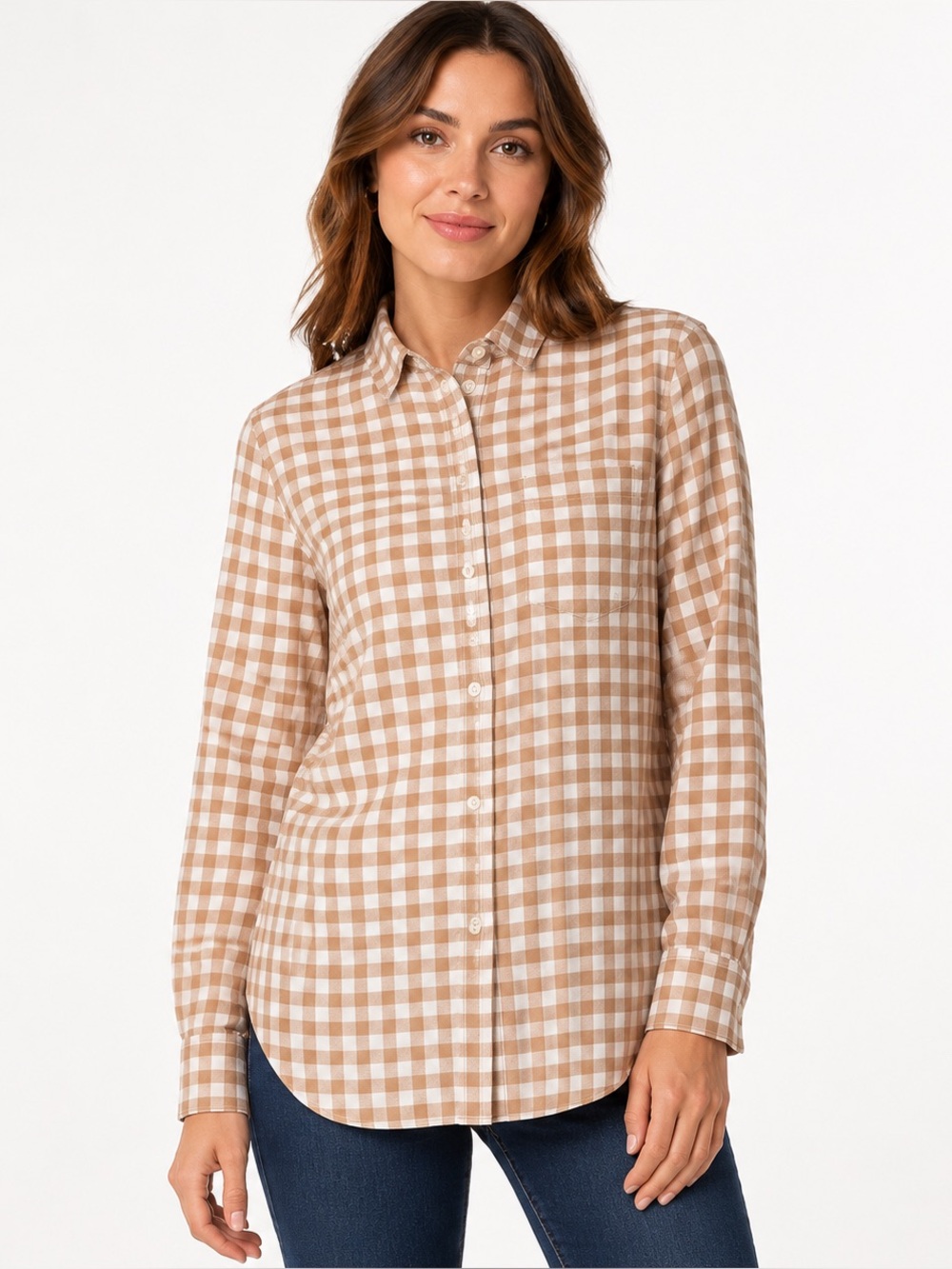 J.Crew Re-Imagined Women’s Small Tan Cream Gingham Cotton Button Down Shirt